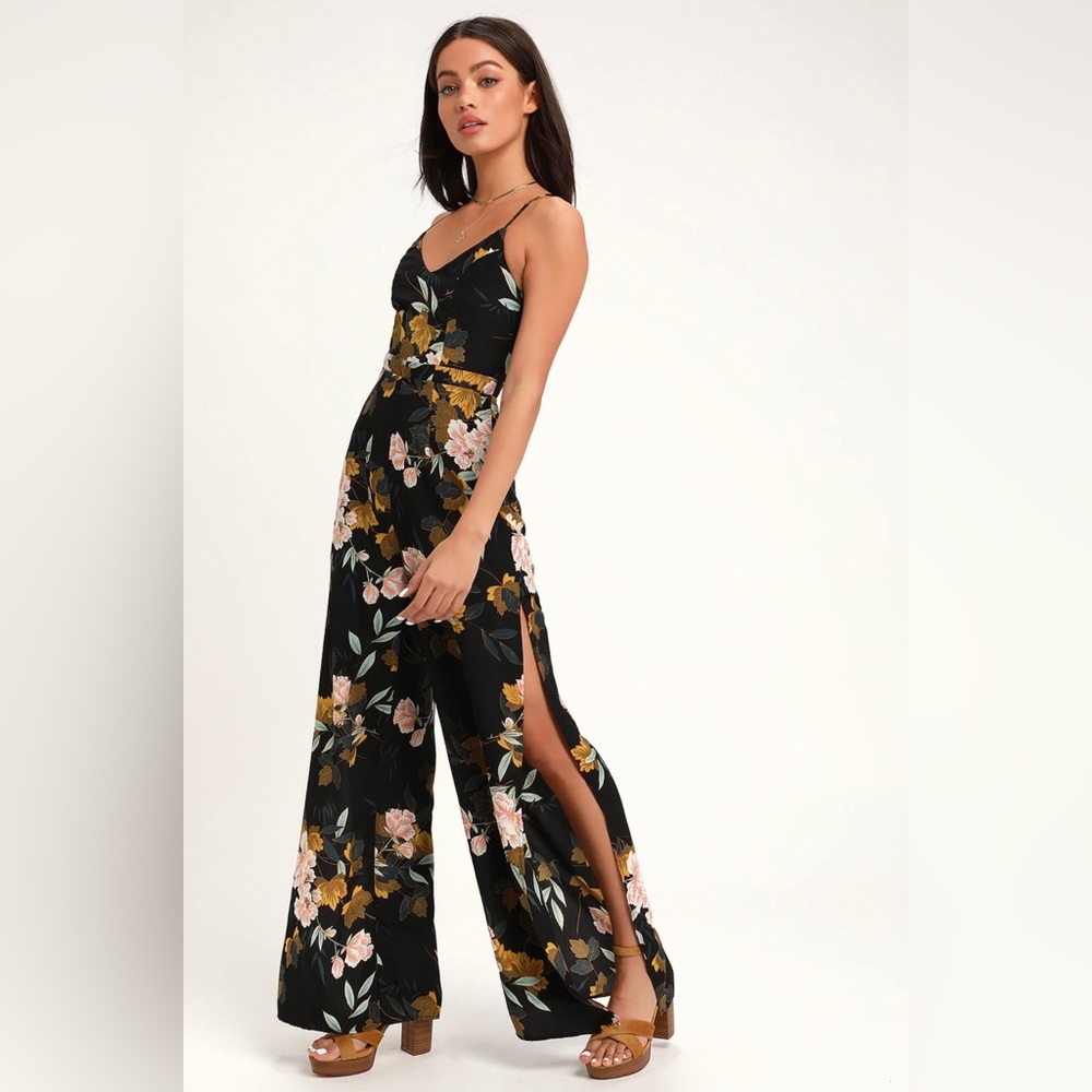 COPY - NWOT Lulu’s Beautiful Blooms Black Floral Print Wide-Leg Jumpsuit. Size …